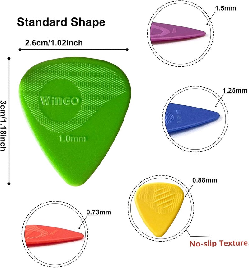 Wingo ريش جيتار مع نقش مضغوط، ريش غير قابلة للانزلاق 5 عبوات (073، 088، 1.0، 1.25، 1.5 مم) للجيتارات الصوتية والكهربائية - ملونة - Image 5